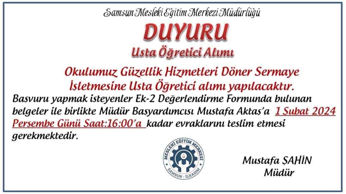 Güzellik Hizmetleri Döner Sermaye İşletmesine Usta Öğretici alımı yapılacaktır